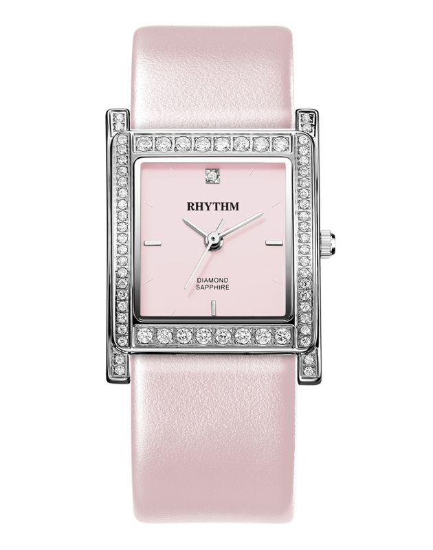 RHYTHM WATCH 麗聲不銹鋼時尚淑女外框鑽藍寶石鏡面粉紅系石英方型皮帶腕錶 型號：L1204L02【神梭鐘錶】