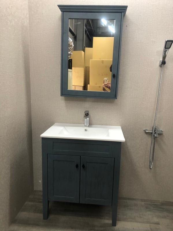 衛浴 鏡櫃  55CM 復古拉絲藍 鏡櫃 4200元 ( 含 水龍頭 ) PVC防水板材