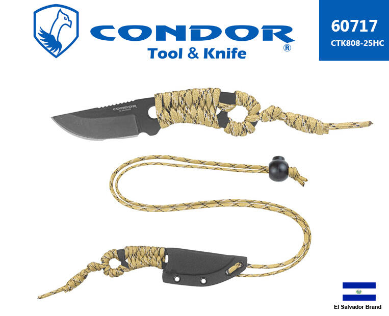 薩爾瓦多Condor小直刀頸刀1075高碳鋼 CARLITOS沙色傘繩綁握柄附K鞘【Con60717】