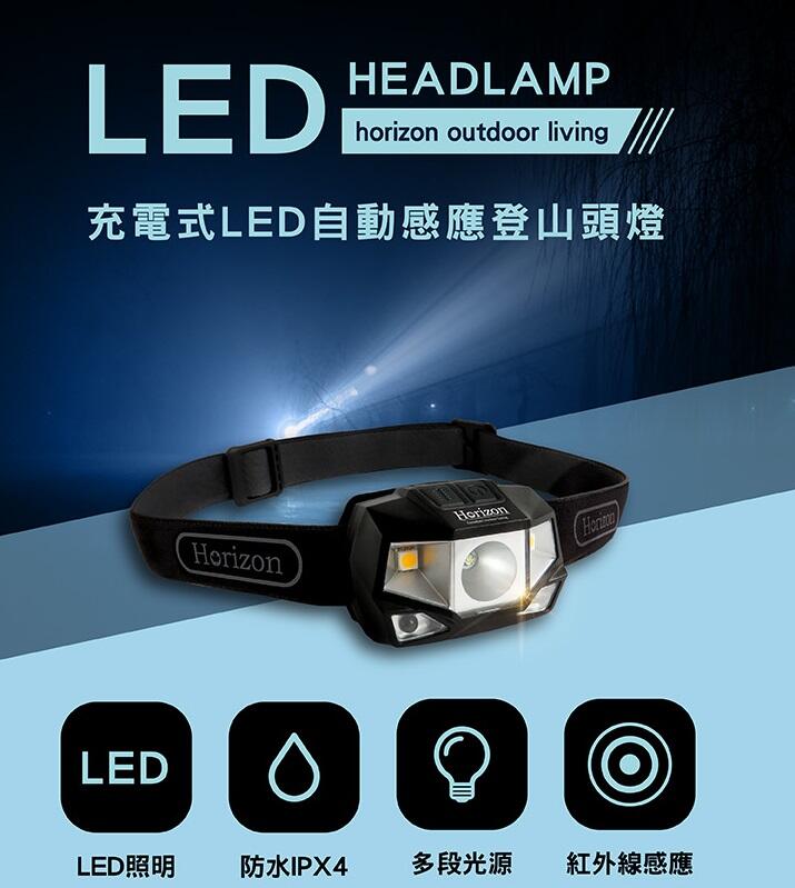 【Horizon 天際線】充電式 LED 自動感應登山頭燈【150流明】四段式  (IPX4防水)