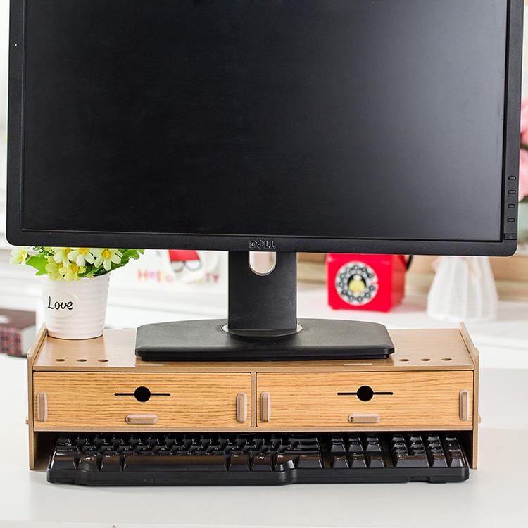 DIY免螺絲木頭螢幕架兩色可選、內建兩個抽屜同時收納鍵盤及文具小東西、讓你的辦公室美觀大方、整潔而有效率