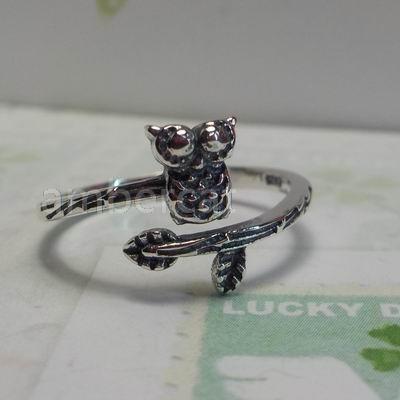 琥珀貓銀飾DIY【925純銀】可調式活動戒指~A0693~枝頭上的貓頭鷹~一個