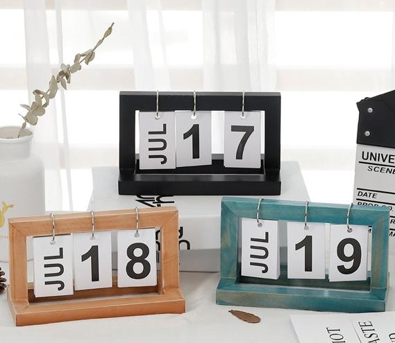 loft都會簡約質感長方形桌上型擺飾萬年曆 北歐時尚設計藍黑色木製創意桌曆 ins歐美翻頁式日曆 居家裝飾月曆日期年曆