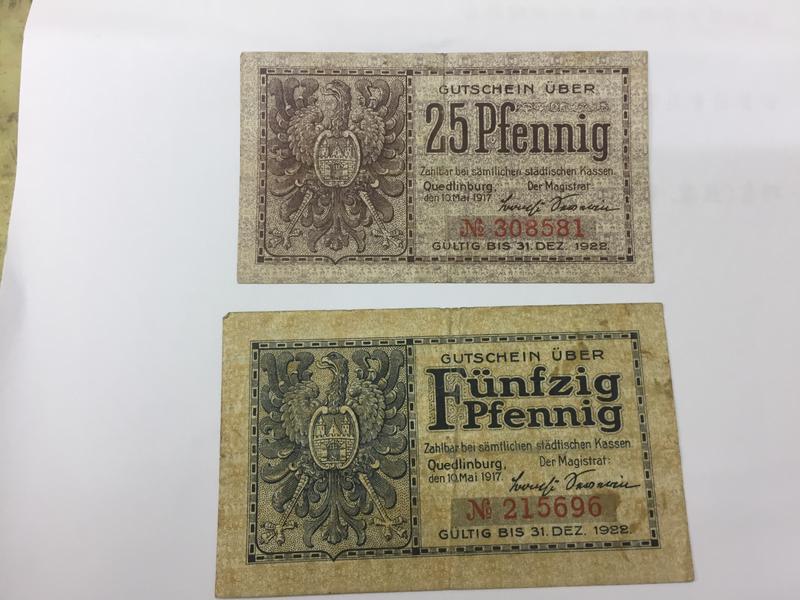 少見德國1922年 老鷹德國地方鈔25、50PF(2張合拍）