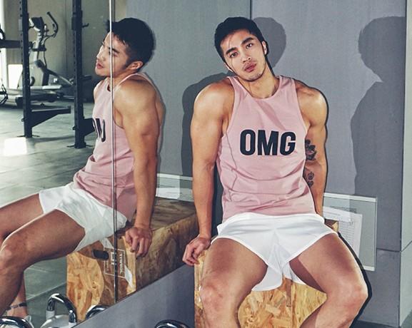 OMG 2019春夏季新款品牌logo猛男運動背心健身衣 粉紅M號