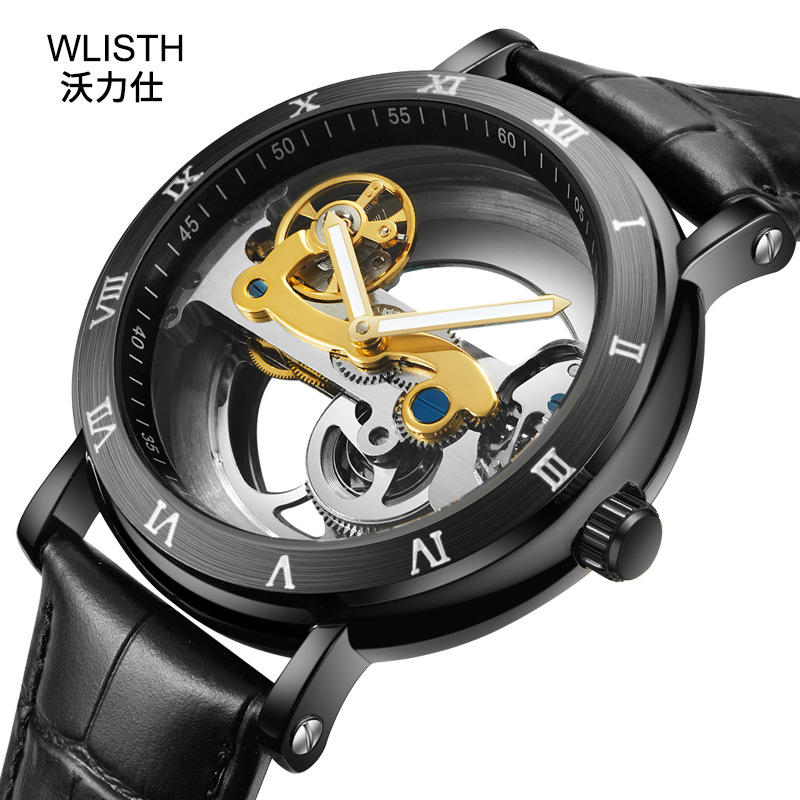 【潮裡潮氣】WLISTH 沃力仕手錶創意防水夜光皮帶抖音自動機械表男錶1009