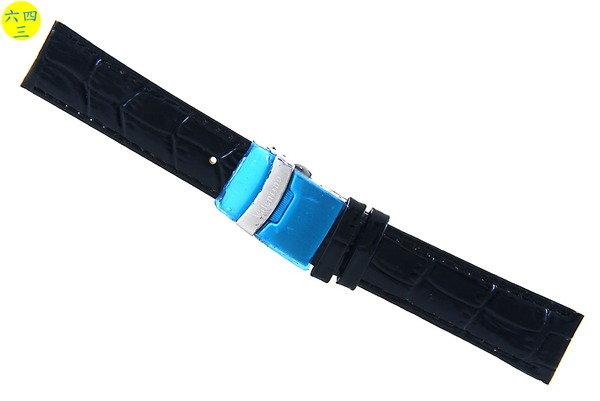 (六四三精品)范倫鐵諾(真品)不銹鋼摺疊錶扣...黑色鱷魚壓紋真皮錶帶!18mm