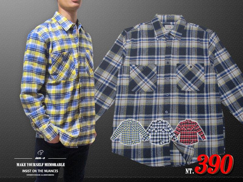 保暖法蘭絨長袖格紋襯衫、休閒長袖襯衫(306-0029-13)黃(02)紅(08)藍 M L XL  胸圍42~46英吋