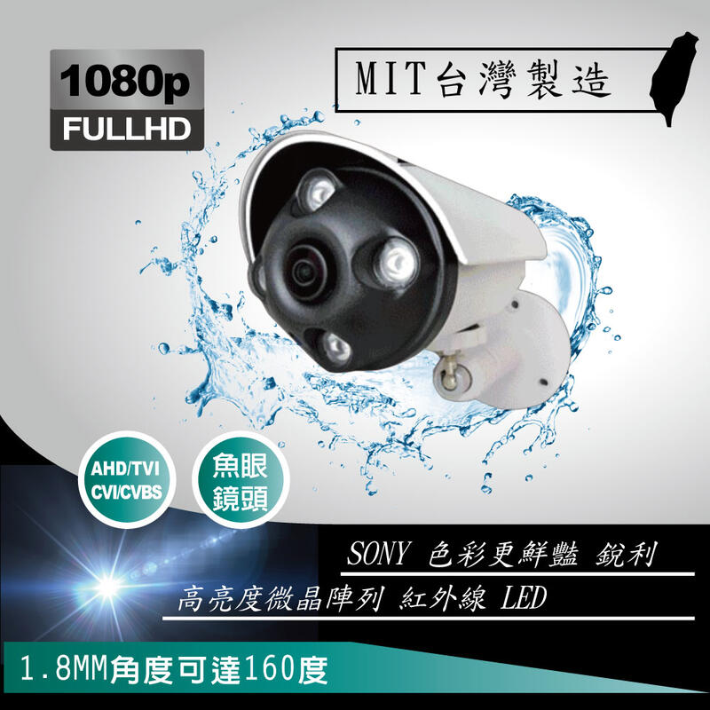 魚眼級 1.8MM 1080P 防水 紅外線攝影機 300萬高清光學鏡頭 四合一 可切換 TVI CVI 類比 台製