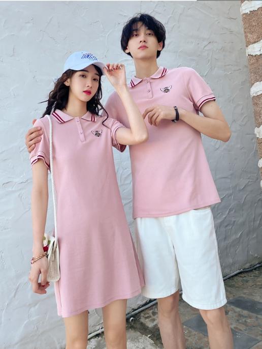 韓國 情侶裝 POLO衫連身洋裝 短袖POLO衫 粉色 粉紅色 約會 蜜月 婚紗便服外拍 度假 情人節禮物