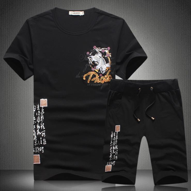 【潮裡潮氣】中國風短袖T卹刺鯉魚半袖衣服個性紋身男大碼印花潮套裝