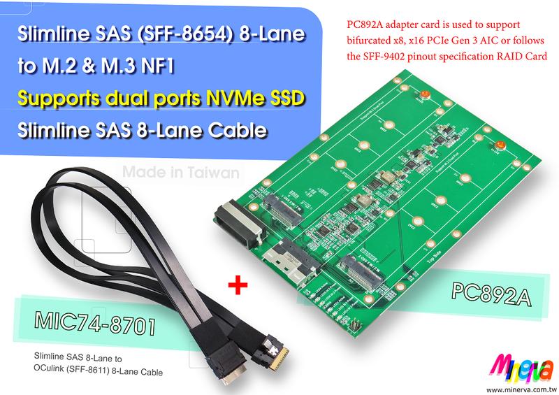 PC892A-Slimline SAS 8x to M.3 NF1 SSDx2 轉卡+MIC74-8701cable套件