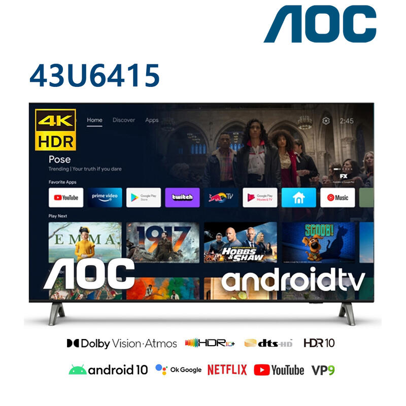 【免運附發票】AOC 43吋4K HDR Android TV液晶顯示器 43U6415 