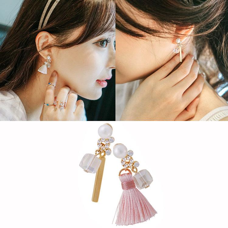 ╭✿蕾兒0509✿╮BB040-韓國飾品不對稱多元素完美組合粉粉流蘇垂吊耳釘耳環耳飾品