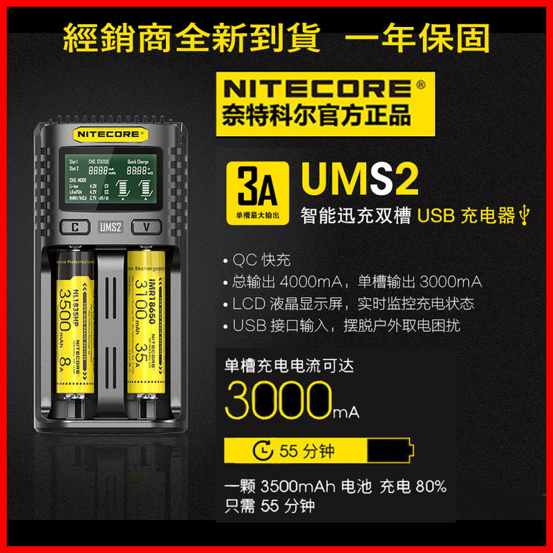 <開發票> Nitecore UMS2 UM2 智能二槽充電器 USB QC 18W 快充 可充 21700保護板電池