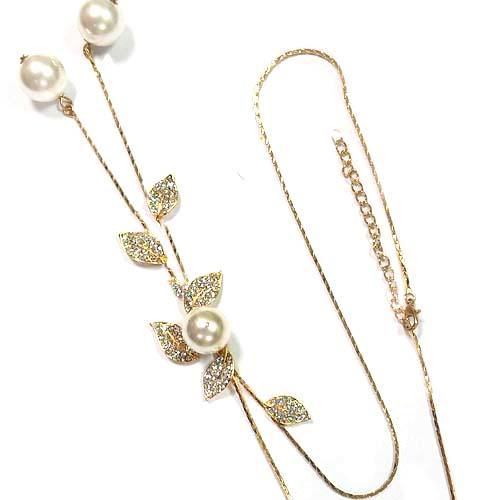 珍珠與葉水鑽金色長項鍊