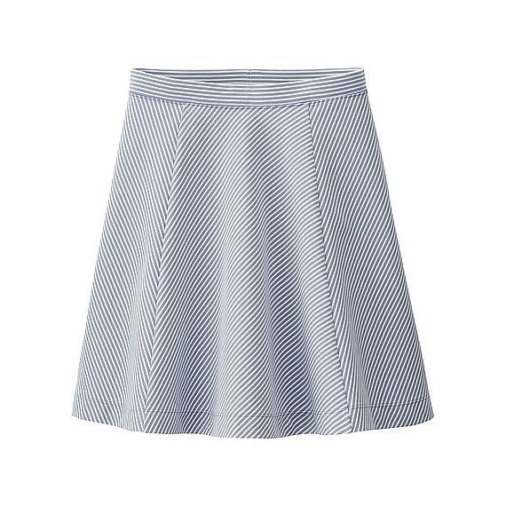 全新 UNIQLO 專櫃正品 淺藍×白 條紋配色 羅馬布針織彈性寬襬裙 A字裙 短裙
