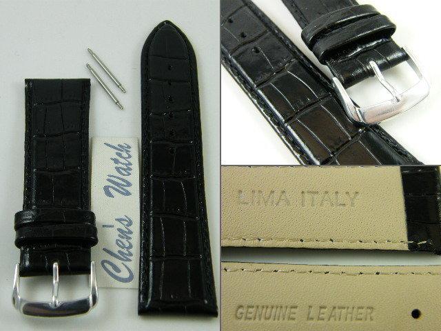 錶帶屋 LIMA 義大利黑色亮面皮牛皮錶帶壓鱷魚紋或竹節紋真皮錶帶 16mm 12mm 10mm