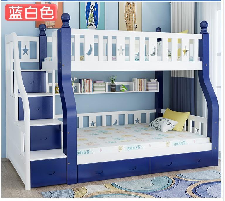【可貨到付款】雙層床 實木高低床 上下鋪 成人床兒童床 梯櫃床上110*下130CM+抽屜+書架+贈送床墊  大陸代購