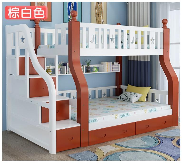 【可貨到付款】雙層床 實木高低床 上下鋪  成人床兒童床 梯櫃床上130*下150CM+抽屜+書架+贈送床墊  大陸代購