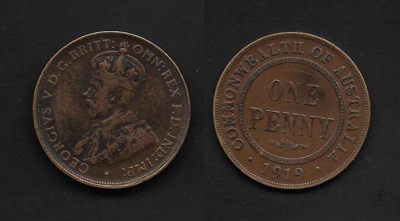 〔英屬澳大利亞錢幣〕1919年 喬治五世 壹分 銅幣(505)