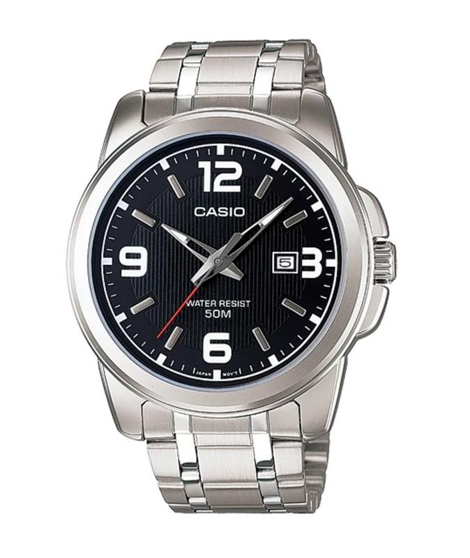 CASIO WATCH 卡西歐簡約時尚黑面清晰數字指針日曆石英鋼帶腕錶 型號：MTP-1314D-1A【神梭鐘錶】