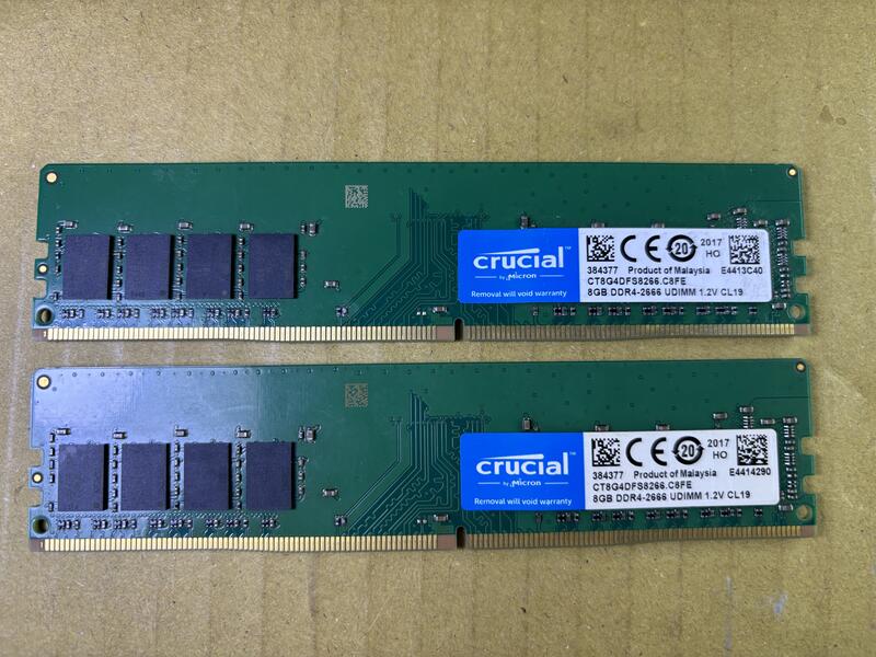 美光  DDR4 8G  2666  8Gx2支=16G 單面顆粒,桌用,兩隻一起賣共16G(一次標)