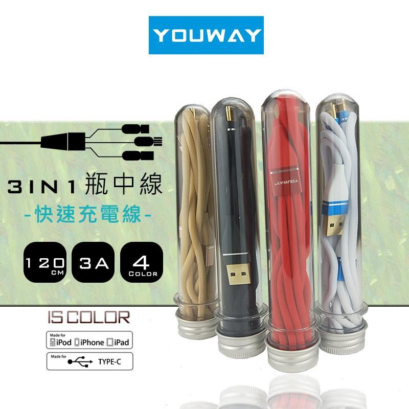 YOUWAY 3A 三合一金屬質感 充電線 可用於 iPhone 三星 S11 Note10 車用充電 快充 快速充電
