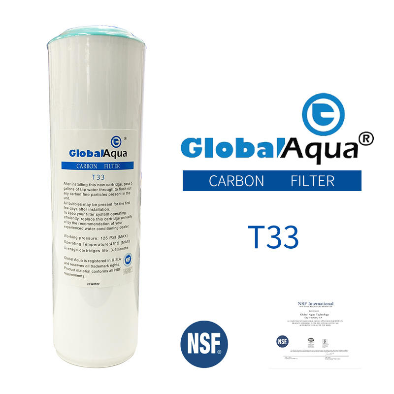 【清淨淨水店】美國 GlobalAqua 10吋大T33型/OCB NSF認證水洗椰殼顆粒活性碳，含稅價250元。