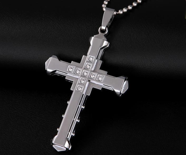 T-033 韓版十字架項鍊 鑲鑽 男士鈦鋼新品配飾爆款 十字架項鍊雙層鑲鑽耶穌黑闇騎士吊墜同款 歐美鑲鑽寶石耶穌吊墜