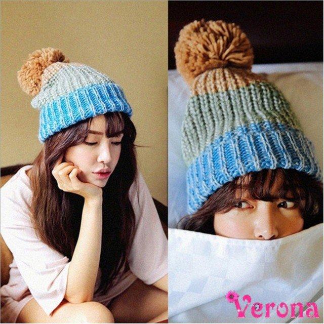 【Verona】韓款拼色系護耳保暖針織毛線帽大球球帽