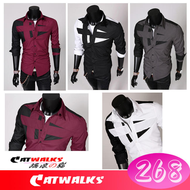 台灣現貨 Catwalk's- 韓版帥氣個性拼接款休閒長袖襯衫 ( 酒紅、黑色、深灰、白色 ) M-XXXL