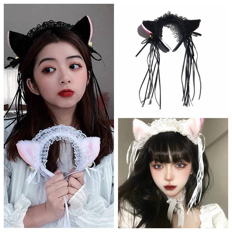 二次元cosplay少女 貓耳朵髪箍 1606蕾絲髮箍 流蘇鈴鐺髮箍蕾絲貓耳朵