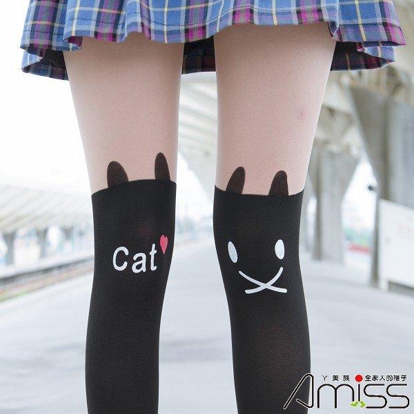 ViVi襪鋪【Z408-107】日系精緻造型★假大腿褲襪-cat閉嘴貓