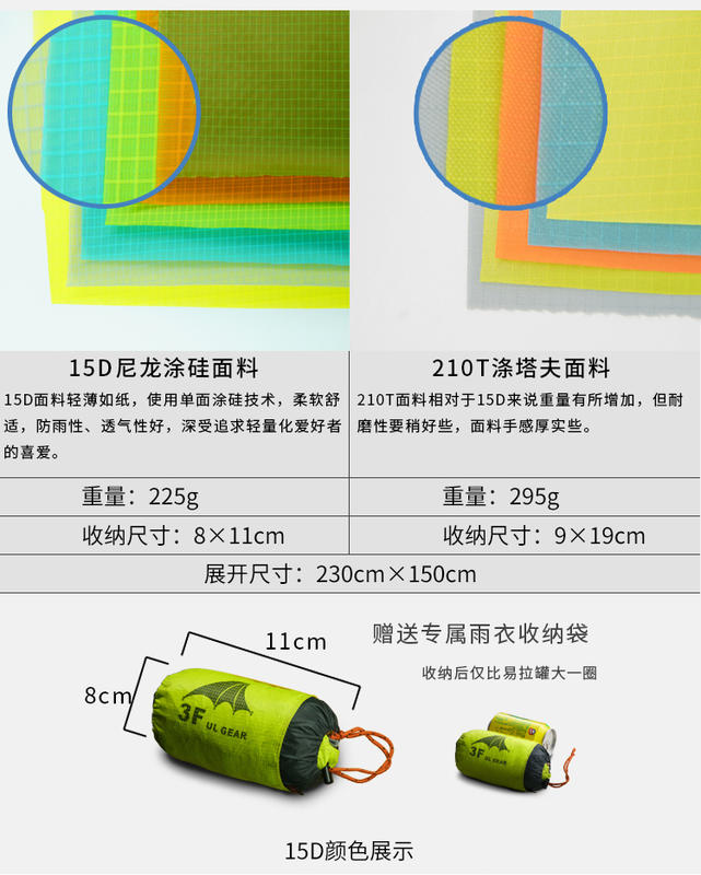 【山道具屋】三峰出 3F 15D 升級加大三用途輕便斗篷連身雨衣/天幕雨衣(防水5000mm/198g)