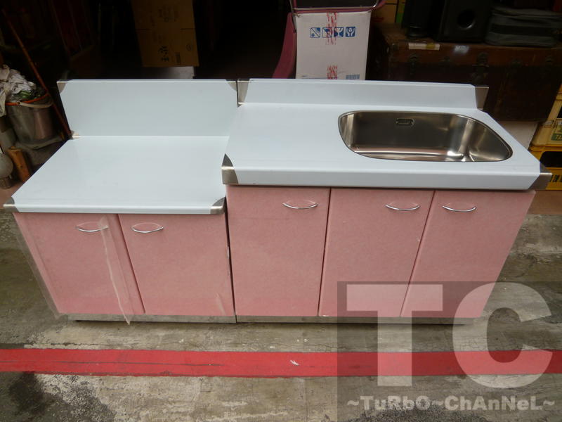 流理台【總長172公分-右水槽】台面&櫃體不鏽鋼 粉紅線條門板 最新款流理臺
