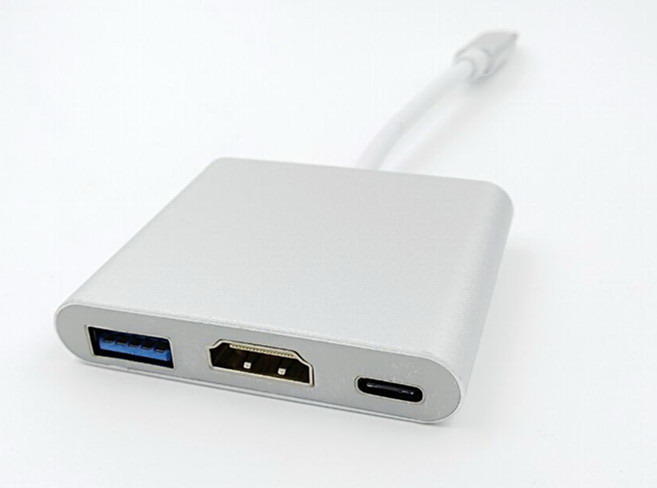 Type-C 轉 HDMI 轉換器 Type-C 轉 HDMI+TYPE-C+USB 筆記型電腦 手機 免驅動 銀色