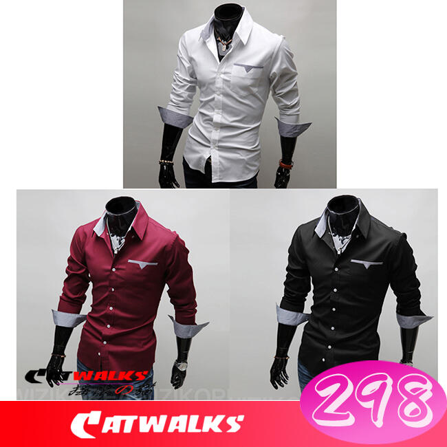 台灣現貨 Catwalk's-  經典修身格紋飾邊長袖襯衫 ( 酒紅色、黑色、白色 ) M-3L 零碼出清