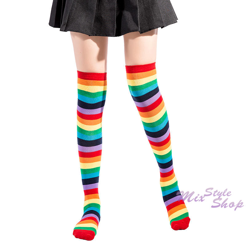 愛襪甜心【A-475】派對狂歡❤彩虹七色條紋彈性過膝高筒棉襪