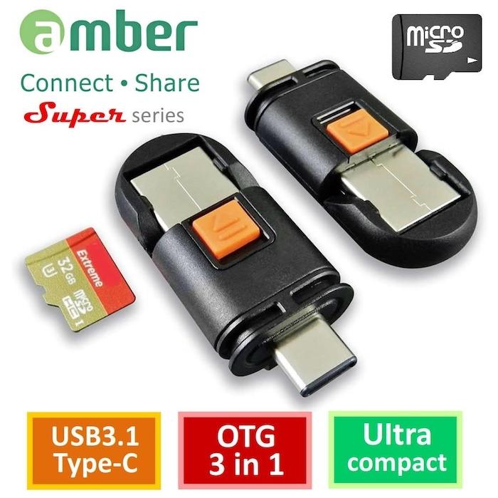 【折價中】amber 高傳輸micro SD記憶卡/USB 3.1 A公/Type-C公三合一OTG雙面接頭讀卡機