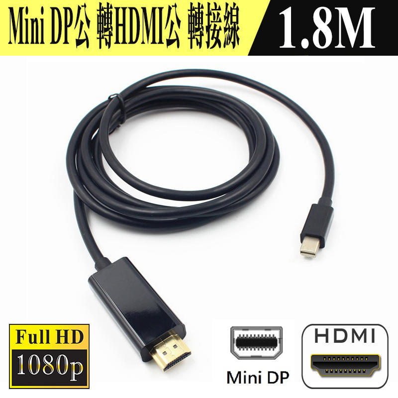 主動式 PC-120 全新 V1.1 Mini DP 公 轉 HDMI 公 螢幕轉接線 1.8米 1080P影音同步