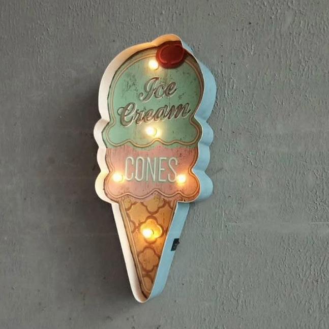 LOFT鐵製仿舊摩登裝飾 ICE cream雙球冰淇淋甜筒標示牌LED燈牌招牌 美式復古壁飾鐵皮畫 霜淇淋冰棒標示牌燈排