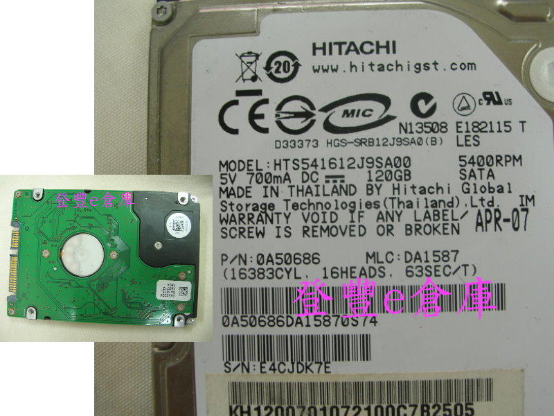 【登豐e倉庫】 F626 Hitachi HTS541612J9SA00 120G SATA 救資料 無法開機 資料消失