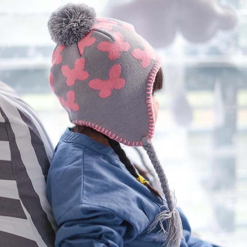 兒童護耳帽 粉蝶毛線帽子 女童加絨雙層搖粒絨保暖秋冬帽 寶寶帽子 雙尺寸 顧客實拍照AC89