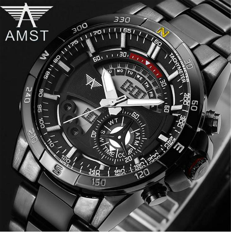 新款 AMST品牌 軍事風格雙顯多功能夜光LED數字休閒運動手錶時尚潮流男士全鋼腕錶【S & C】