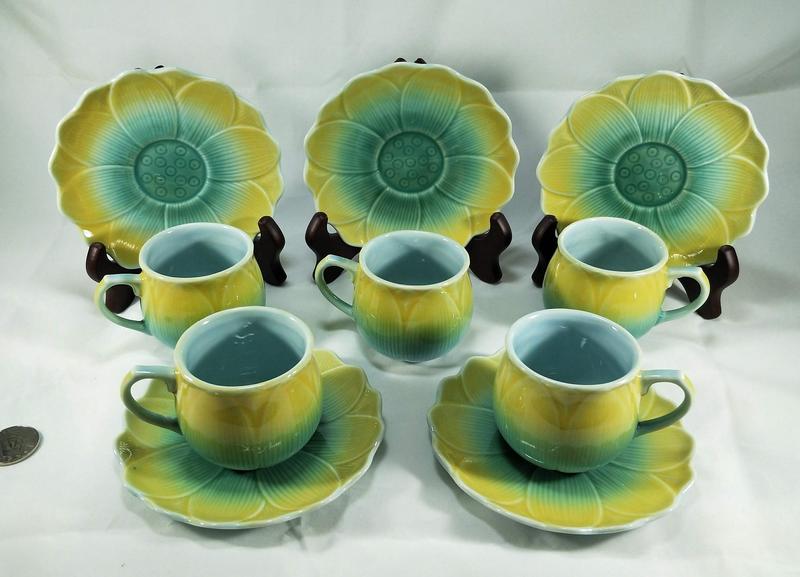 變化釉 蓮花-藍黃2 5杯5盤 咖啡杯 變色釉 花茶杯 杯子 馬克杯 茶杯 盤子 台灣製 陶瓷 可用 微波爐 電鍋