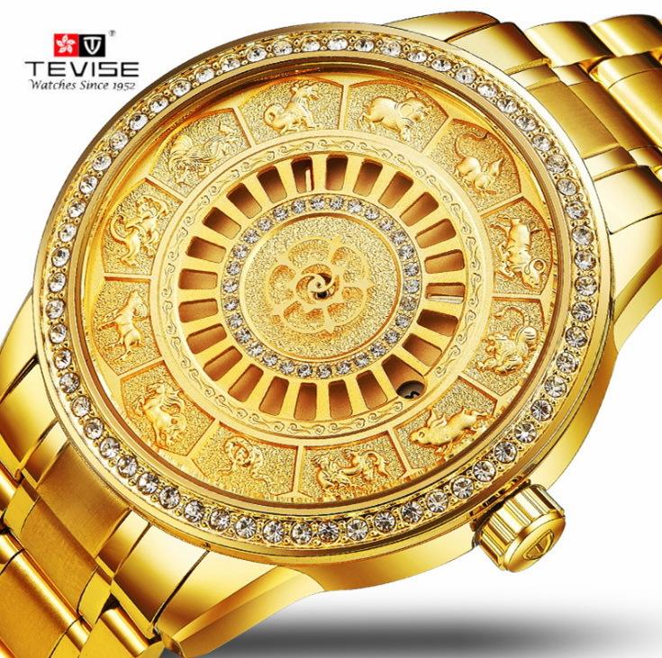 【潮裡潮氣】Tevise特威斯12生肖鑲鑽全男士商務自動機械手錶防水日曆手錶
