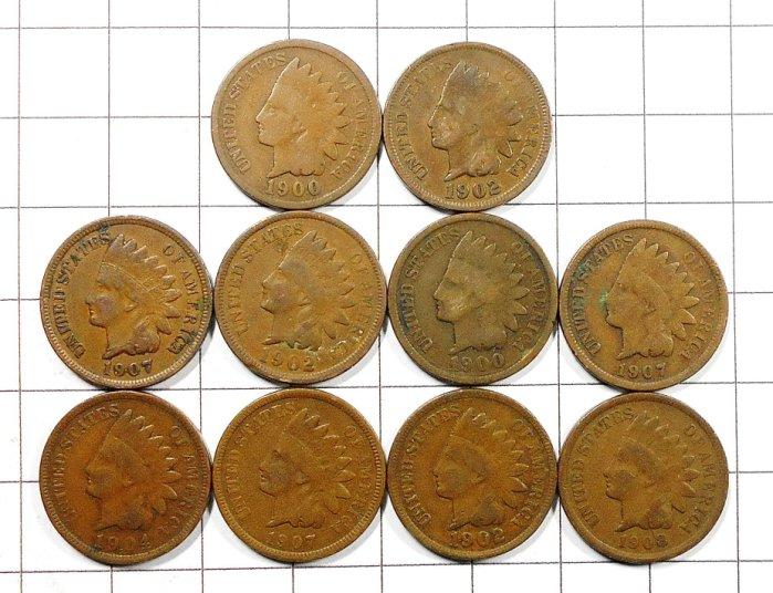 RR365 美國1900-1908年 紅番頭 印地安 印第安 ONE CENT銅幣 共10枚壹標