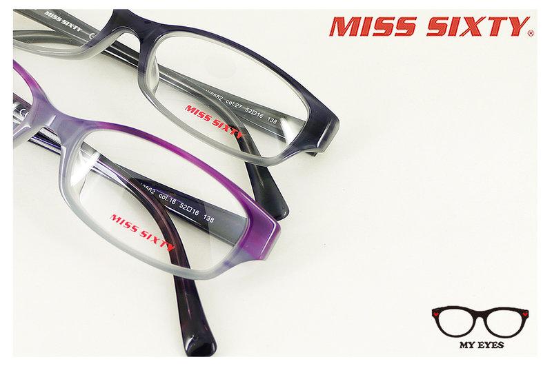 【My Eyes 瞳言瞳語】MISS SIXTY 深灰色/灰紫色雙流線型光學膠框 設計氣質 獨特造型好吸睛 (0562)