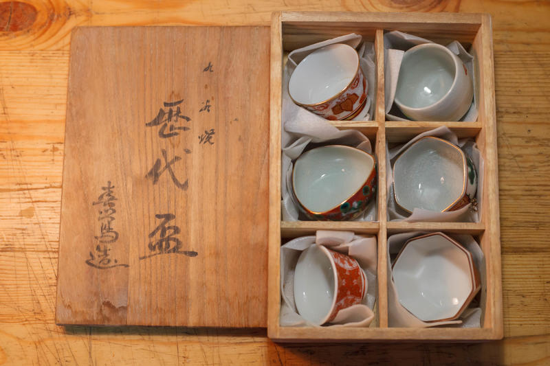日本手工九谷燒老件-茶杯(京都市集帶回收藏）六件一組